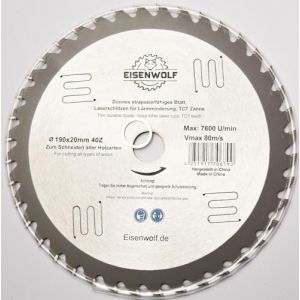 Eisenwolf lame de scie 190 x 20 mm, lame de scie circulaire pour bois avec 40 dents TCT inclin&eacute;es et d&eacute;coupes laser pour r&eacute;duire le bruit (Eisenwolf, neuf)