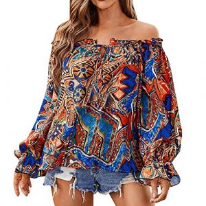 Chemisiers et Blouses Femme À Manches Courtes Sexy col Bateau Blouses Top Femme Imprimé éPaules DéNudéEs Femmes Chic Sexy Épaules Dénudées Hauts Blouses Bohème Camisole Tunique (usitable, neuf)