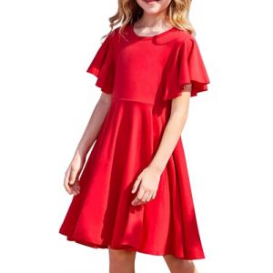 Arshiner Robe d'été pour Enfants Robe à Manches Courtes Robe de fête Robe Patineuse Robe Décontractée Robe de Princesse de Noël Rouge avec Poche 110-6 Ans (Arshiner Store, neuf)