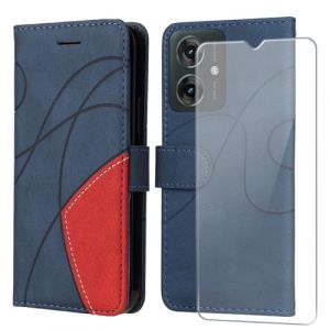 FHSYCR Coque pour Motorola Moto G55 5G avec 1 Pièces Verre Trempé, Premium PU Cuir Multifonction à Rabat Flip Antichoc Protection Housse Étui pour Motorola Moto G55 5G - Bleu (heyinghai, neuf)