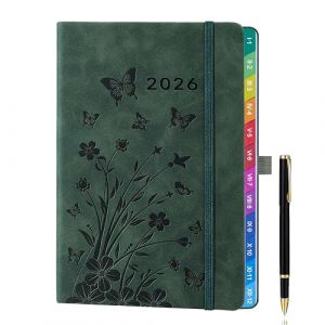 Agenda semainier A5 2026 (janv. à déc.) – Design floral vert SeeGreen avec onglets mensuels colorés, boucle et porte-stylo élastique, pochette intérieure – Planificateur hebdomadaire élégant (ZT BenYu, neuf)