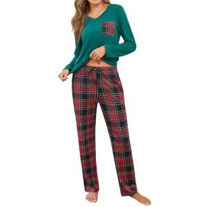 iClosam Pyjama Hiver Femme Col V Ensembles de Pyjama à 2 Pièces Pyjamas à Trois Poches Vêtements de Nuit avec Haut à Manche Longue et Bas de Pyjama à Carreaux (YICHANG-EU, neuf)