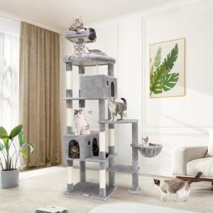 Globlazer Arbre a Chat Grandes XXL, Arbres à Chats Géant Hauteur 213 cm avec 2 Niches, Plateformes, Perchoirs, Panier, Griffoirs en Sisal, Tour à Chat pour Gros Maine Coon Ragdoll (F83, Gris Clair) (Globlazer For Your Pet, neuf)