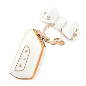 OFF WE GO Coque de Clé Voiture avec Porte-clés pour VW Coque de Clé TPU 3 Bouton Accessoire Clé de Voiture pour Volkswagen Golf 8 Seat Leon MK4 Tarraco Ateca Skoda Octavia Cupra Formentor, Or Blanc (OFF WE GO, neuf)
