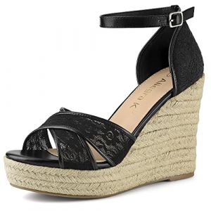 Allegra K Femmes Sandales Compens&eacute;es Talon Compens&eacute; Bride Cheville Espadrille Noir 37.5 (Weisser Berg, neuf)