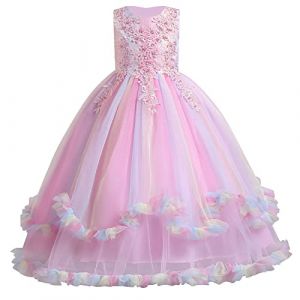 IWEMKE Enfants Filles Robe Mariage Tulle Dentelle Robe Princesse Longue Fleur Brod&eacute;e Soir&eacute;e Demoiselle d'honneur Robe Tutu sans Manches pour Pageant Bapt&ecirc;me Anniversaire Rose Color&eacute; Volant 7-8 Ans (IWEMEK, neuf)