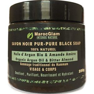 Savon Noir Marocain à l'huile d'argan BIO et l'Amandes amères, 250g,100% traditionnel Beldi. Anti-rides mondialement connu. Gommage au savon noir naturel pour une peau douce, RICHE en Vitamine E (MAROC GLAM, neuf)