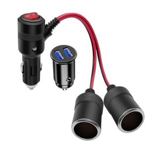 1 à 2 Allume-Cigare Câble D'extension Prise Allume Cigare Socket Mâle vers Femelle Adaptateur Splitter avec LED Interrupteur Fusible 15A,12V/24V Mini Chargeur de Voiture USB Double (YGL Seller UK, neuf)