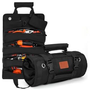 JSTHHTT Sac à Outils Enroulable en Toile, Sac Porte-Outils avec Grande Capacité, Trousse a Outils Vide, Trousse Outils Moto, Sac à Roulettes Polyvalent avec 4 Poches Zippées & 2 Poches Détachables (JSTHHTT, neuf)