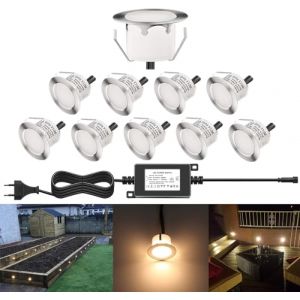DarisingSun 10 KiT Spots LED Encastrable Extérieur IP67 Spots à Encastrer pour Terrasse Bois Plafond 1W DC12V lumière Blanc étanche Kit Mini Spot LED Lampe Extérieur Blanc Chaud (DarisingSun, neuf)
