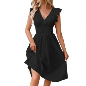 Robe Longue Femme Chic Et Elegant Robe Longue Femme Grande Taille Robe Boheme Chic Mariage Robe Longue Femme Soiree Col en V Robe De Cocktail Femme Robe Dentelle Robe Tulle Femme Noir L (LIAGEA, neuf)