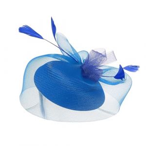 Bibi pour femme - Bandeau de f&ecirc;te de th&eacute; - Chapeau en maille - Plumes - Pour mariage, cocktail et &eacute;glise (bleu, taille unique) (JyeYCS, neuf)