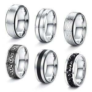 JeweBella 6 PCS Bague Hommes Acier Inoxydable Bague Noir Tournante Cha&icirc;ne Rock Bague Noeud Celtique Vintage Bague Biker Ensemble de Bagues Gothique Mat Poli Mariage Promise Bande Anneau Taille 54-70 (MOY-UK, neuf)