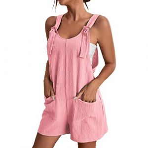 Blingko Combinaison Femme Salopette avec Poches Pantalon éTé DéContracté Coton Lin Combinaison Cravate Noeud Bretelles Salopette Mignon à Lacets Une éPaule Lin Short Chic Combinaison Short (Blingko, neuf)