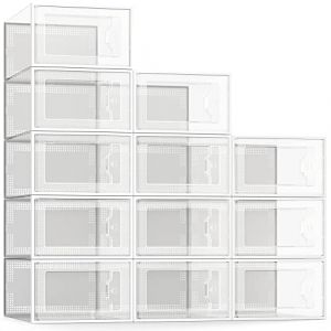 SEE SPRING Boîtes à Chaussures Transparentes Blanches Lot de 12 Large, Rangement Empilable pour Pointure 44, Conteneurs en Plastique avec Couvercle, Organisateur Gain de Place (HideDirect, neuf)