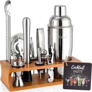 Eocolz Cocktail Shaker Kit, INOX Ensembles de Bar Cocktail Set, 17Pièces Cocktails Ensemble-Cadeau, Shaker à Cocktail Kit Barman avec Cadre en Bois (Marron Argent) (Eocolz EU, neuf)