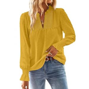 TUUHAW Tunique Femme Chemise Chic et &Eacute;l&eacute;gant Automne Col en V Manches Longues Dentelle Top &agrave; Point Suisse Couleur Unie Blouse D&eacute;contract&eacute; Chemisier Confortable Jaune M (TROFANO, neuf)