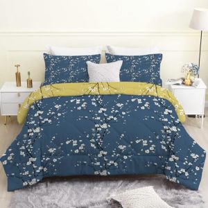 Linfye Couette 140x200 Enfant, Fleur Prunier Bleue Imprim&eacute;e Duvet 1 Personne L&eacute;g&egrave;re Chaude 4 Saisons, Plantes Jaunes Douce R&eacute;versible Edredon et 2 Taies d'Oreiller 65x65 cm (Linfye Maison Confortable, neuf)