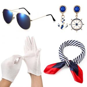 Hestya 4 Pi&egrave;ces Costume Nautique pour Femme Comprend Foulard Carr&eacute; Marin Lunettes de Soleil Gants Accessoires d'Oreille Tenue de Marin pour le Cosplay de la F&ecirc;te du Yacht (Hoocowayee, neuf)