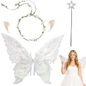 GWAWG Costume d'ailes de f&eacute;e, kit de princesse Fairy Angel pour adultes, ailes d'elfe avec oreilles d'elfe, couronne de fleur, ailes d'ange scintillantes pour enfants, filles en carnaval, d&eacute;guisement, (GWAWG, neuf)