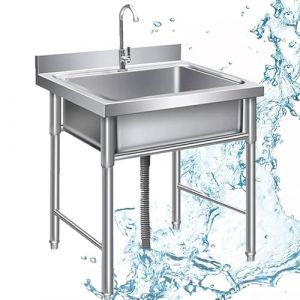 &Eacute;vier De Cuisine Autoportant en Acier Inoxydable, 304 &Eacute;vier INOX, Evier Cuisine 1 Bac, Professionnel Evier, 304 avec Robinet Et Drain pour Garage Industriel, Restaurant Et Atelier (YLLZMD, neuf)