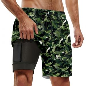 Short de Bain Homme 2 en 1, Maillot de Bain Homme Piscine Séchage Rapide avec Doublure de Compression Boxer de Bain Grande Taille Léger Shorts de Plage Natation Surf avec 2 Poches, Camouflage 4XL (Rnoaobu, neuf)