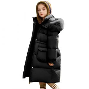 Tilozs Enfant Fille Manteau mi Long à Capuche Fourrure Doudoune Matelassé Veste Hiver Chaud Parka Rembourré Blouson Coupe Vent, Noir, 13-14 ans(Taille de l'étiquette: 160) (Zyolla, neuf)