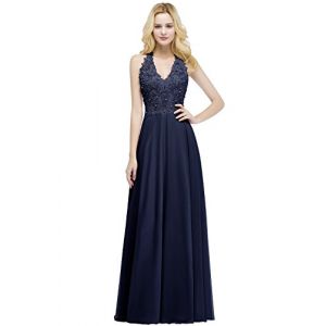 Misshow Robe Femme Longue Mousseline Chic Soirée Robe de Gala Longue Dentelle sans Manche Epaule Nu Sexy Dos Ajouré Bleu Marine 36 (Modelle, neuf)