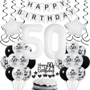 Decoration Anniversaire 50 ans Blanc Déco, Anniversaire 50 ans Blanc Noir Femme Homme, Ballon 50 ans Anniversaire Femme, Blanc Noir 50 ans Décoration Fête Homme, Noir Blanc 50 ans Ballon Déco (Crazy-M, neuf)