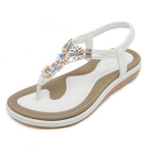 FOGOIN Sandales Femme Été Confortable Tong Mode Bohème Chaussures pour Plage Plate et Elégant,36 EU,Blanc (Baixiangguo, neuf)