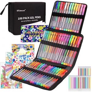 Efimeso 100 Packs De Stylos Gel, 50 Feutres Stylo Paillettes Avec 50 Recharges Dans Un Étui À Fermeture Éclair Pour Les Livres De Coloriage Pour Adultes Et Les Livres D'Écriture Pour Enfants (Efimeso EU, neuf)