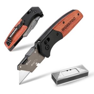 WORKPRO Cutter Professionnel Pliant, Lame Cutter avec Mécanisme de Changement Rapide, avec Manche en Bois Classique et 10 Lames en SK5 de Rechange, Robuste et Ergonomique (GreatStarTools, neuf)