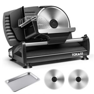 Trancheuse Electrique 200W à Jambon et Saucisson, 2 Lames Détachable de 19 cm, 0-15 d'épaisseur Précise, Commutateur de Rainure pour Utilisation Sûre, Pour Pain, Jambon, Fromage et Viande, Argent (TOKASS EU, neuf)