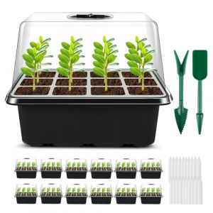 Qmioti 12 Pièces Mini Serre pour Semis, Plateau de Semis 144 Cellules, Bac à Semis de Propagation avec Dôme d'humidité, Kit de Germination de Serre pour Plantes de Semis, Noir (SAINUO LIGHT, neuf)