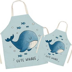 Tablier de cuisine en lin pour parents et enfants - Tablier pour maman et enfants &agrave; motif de baleine mignon, tabliers pour fille de fils de maman pour la f&ecirc;te de peinture de cuisson de cuisson (littleear, neuf)