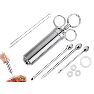 Kellegour Seringue &agrave; Marinade,Injecteur de Marinade Professionnel avec 3 Aiguilles &agrave; Viande,Seringue Viande 60 ML,Seringue pour Viande avec 2 Pinceaux de Nettoyage pour Viande/BBQ/Steak/Porc/Poulet (Redm, neuf)