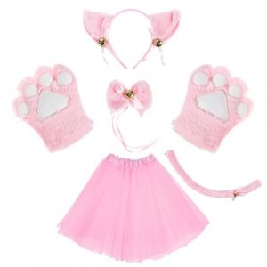 KEESIN Ensemble de cosplay pour chat - Costume de chat - Gants en peluche - Oreilles de chaton - Queue avec jupe tutu - Pour enfants et femmes - Costume de chat adulte - Pour carnaval - Rose (KEESIN, neuf)