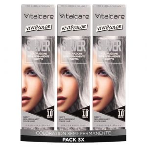 Vitalcare | Vivid - Coloration Professionnelle Semi-Permanente, Teinture Capillaire, Dure jusqu'à 20 Lavages, Cheveux Doux, Hydratés et Brillants, Argent, 3 x 100 ml (WAC.SHOP, neuf)