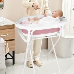 Baignoire Pliable B&eacute;b&eacute; avec Support en Acier, Thermom&egrave;tre LCD, Si&egrave;ge de Bain Ergonomique, Support de Douche et Tuyau de Vidange - Baignoire Pliable sur Pied - 0-2 Ans (Rose, 81x47x90 cm) (hlang EU, neuf)