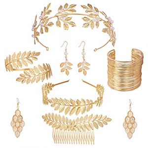 Comius Sharp 7 Pcs Parure de Bijoux pour Femme en Costume de Déesse Grecque, Couronne de Feuilles de Laurier Romain, Diadème, Peigne à Cheveux, Manchette, Bracelets, Boucles D'oreilles à Tourbillon (Banaone Trade Store, neuf)