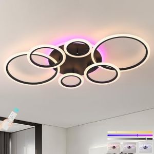 ZAITINZ Plafonnier LED Noir 70W 4200LM, Format Rectangulaire 102x54cm, Lustre Salon Moderne Dimmable avec Télécommande, 6 Anneaux Design et RGB 3000-6000K pour Chambre, Cuisine (SZYQDZ, neuf)