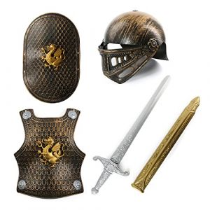 Ensemble d'armure pour enfant &ndash; Casque de chevalier, plastron, bouclier, &eacute;p&eacute;e dans un fourreau &ndash; Ensemble d'accessoires de d&eacute;guisement m&eacute;di&eacute;val pour enfants (ILFD GROUP LTD, neuf)