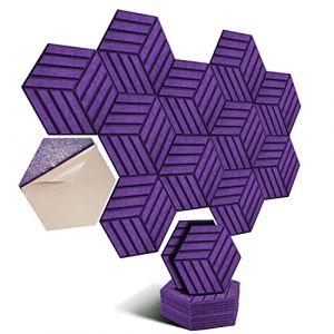 Hexagon Lot de 12 plaques acoustiques autocollantes - Absorbeurs acoustiques - Haute densité - Pour mur, plafond, bois et porte, panneaux acoustiques, 30 x 26 x 0,9 cm, rayures, violet (Lanbow-eu, neuf)