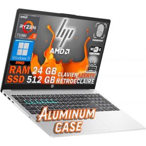 PC HP Ordinateur Portable 15,6″ Slim en Aluminium – AMD Ryzen 3 7330U 2,3–4,3 GHz | 512 Go SSD NVMe | 24 Go DDR4 (2×slot) | Windows 11 Pro | Clavier AZERTY rétroéclairé & lecteur d’empreintes | WIFI 6 (Vida Électronique, neuf)