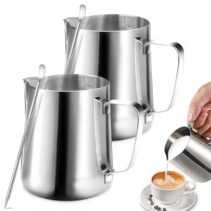 Omtofo 2 Pièces Pichet Lait Inox, 350ml Pot à Lait Avec Lignes de Mesure et Latte Art Pen, Milk Frother, Pichets-mousseurs à lait pour Cappuccino, Expresso, Latte Art (PAHARNICU MIHAELA GABRIELA, neuf)