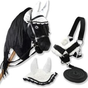 Hobby Horse Frison Noir pour Hobby Horsing pour Enfants et Adolescents de 7 à 20 Ans. Cheval bâton avec Filet, rênes + Bonnet Blanc, Licol moumoute et Longe Noirs - Taille L (Hobby Horse Land, neuf)
