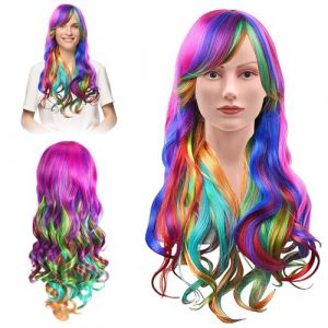 Perruque multicolore longue bouclée, perruque arc-en-ciel, perruque de cosplay multicolore, perruque de carnaval pour femme, perruque arc-en-ciel ondulée, perruque licorne pour le quotidien, le (dejianzhuangshi, neuf)