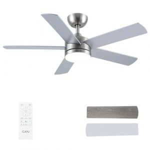 CJOY Ventilateur Plafond, 107cm Argent/Bois Ventilateur Plafond Silencieux avec Lumiere et Telecommande, 6 Vitesses, Mémoire 3 CCT, Dimmable, Veille Réversible, Minuterie, Pour Chambre à Coucher/Salon (Cjoyeu, neuf)