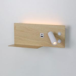 Alpinaluz Applique murale avec spot droit, lumière LED de lecture et d'ambiance 2700 K, USB-C et USB-A, étagère pour mobile, acier avec finition bois clair, double interrupteur, pour chambre ou tête (ALPINALUZ, neuf)