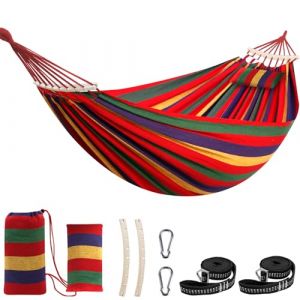 Chihee Coton Hamac Grand hamac Souple Respirant Hamac de Camping Peut Supporter jusqu'à 300KG Hamac d'arbre Portable avec Barre d'écartement détachable Oreiller 2 Sangles Solides 2 mousquetons (Tokeda, neuf)
